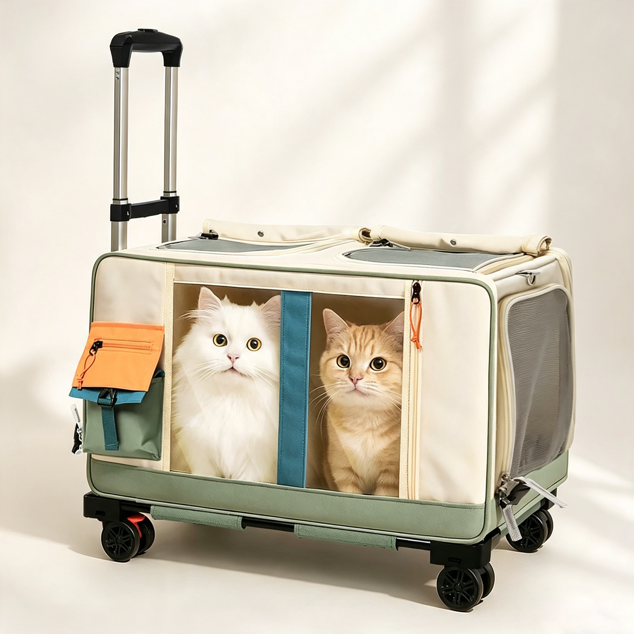 Double Compartment Rolling Pet Carrier with Retractable Handle