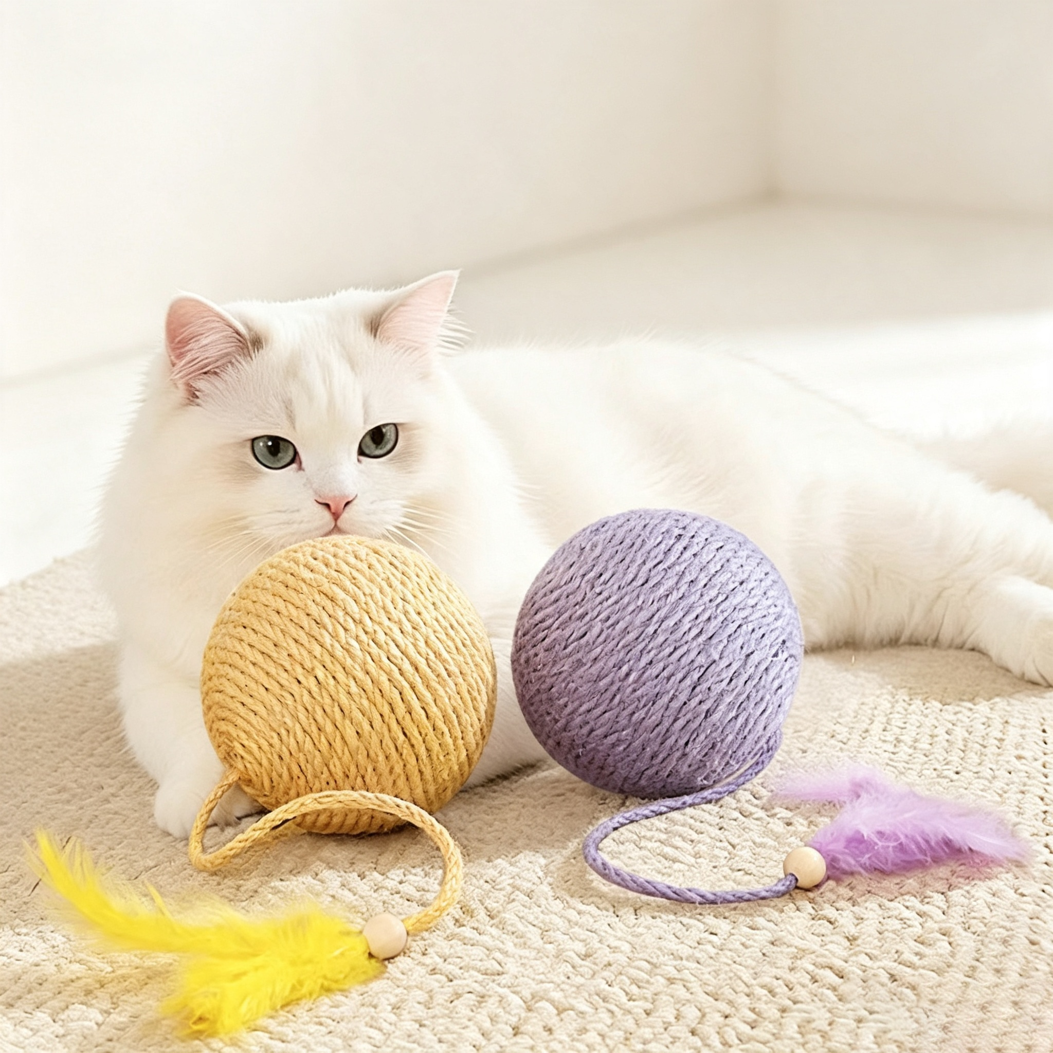 Woven Rope Cat Ball Toy with Feather